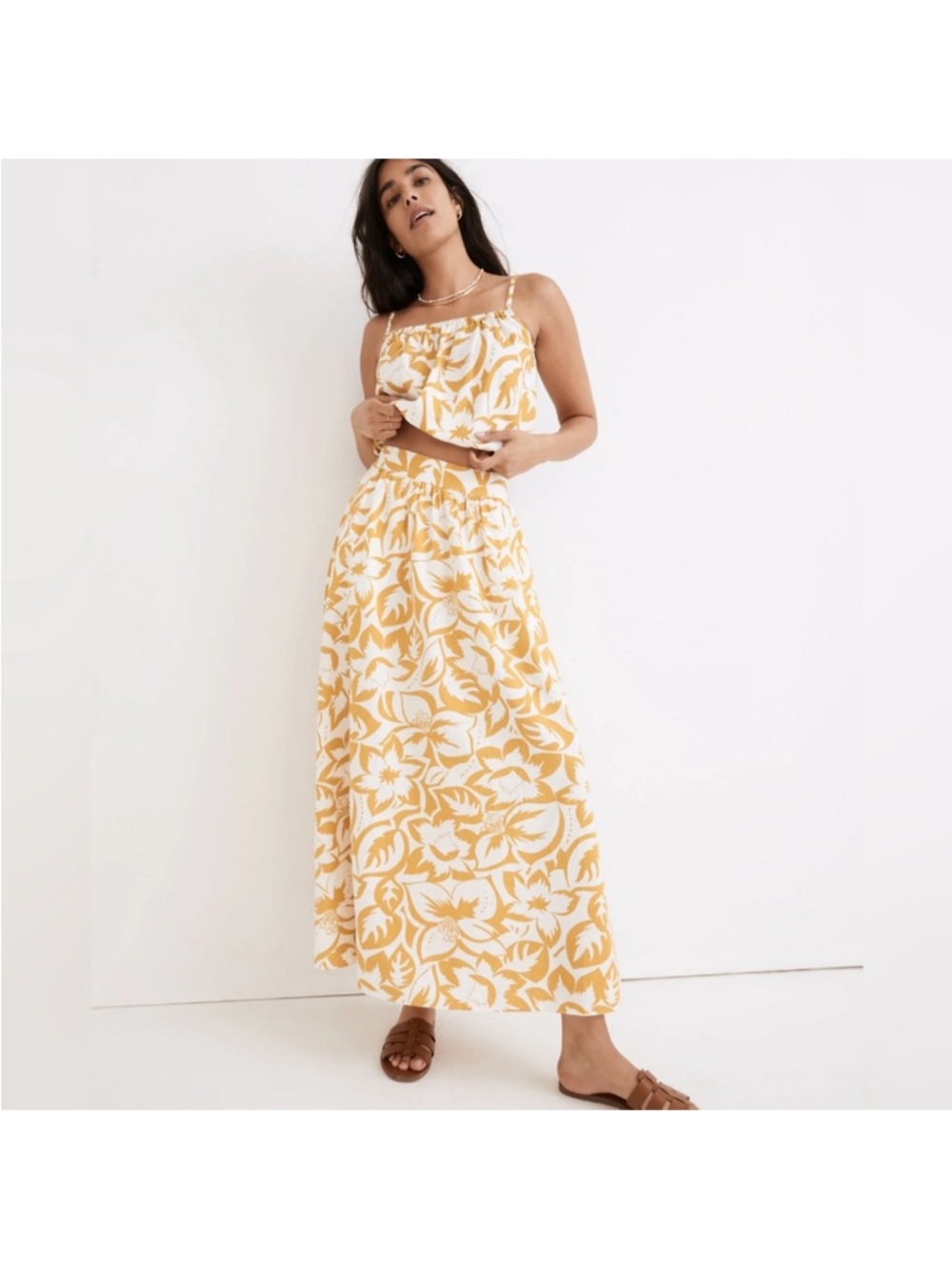 Madewell White and Mustard Floral Skirt